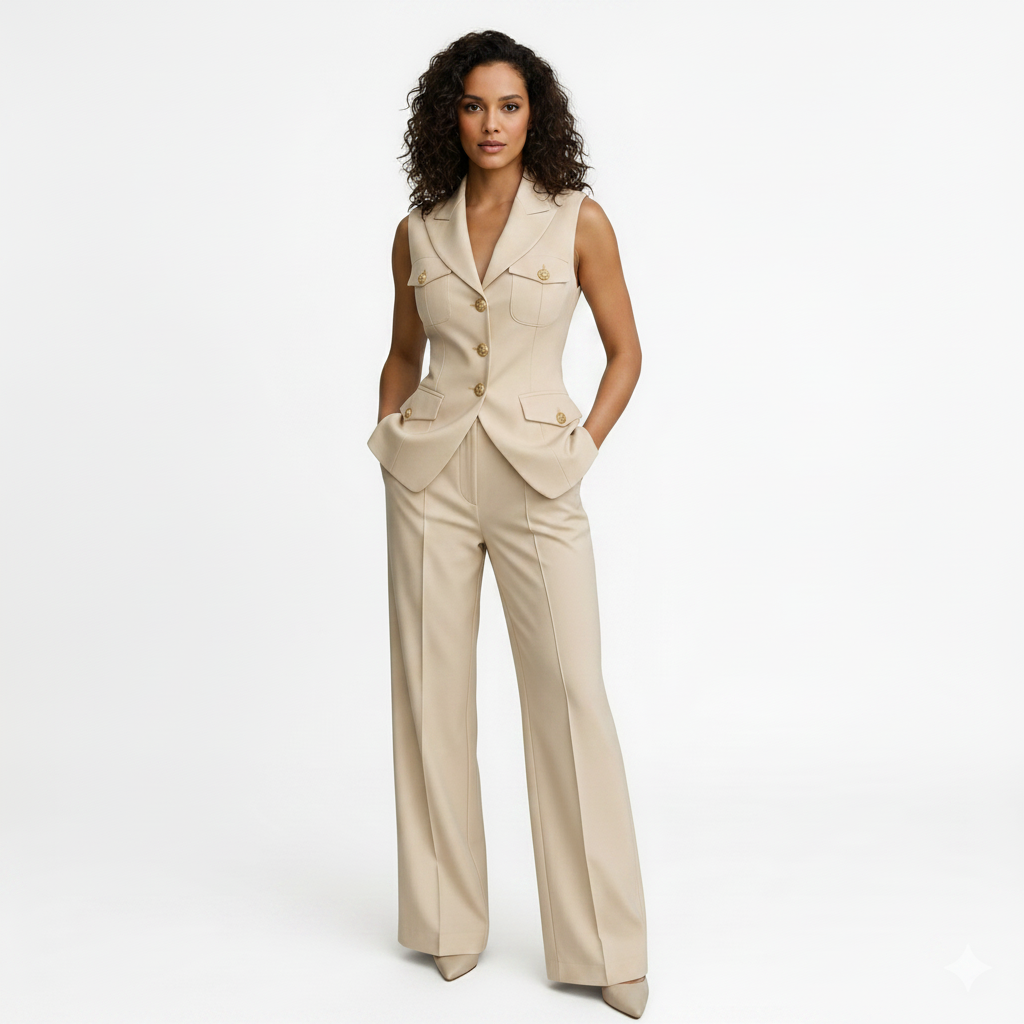 Luxury Tailored Vest & Wide-Leg Pantsuit